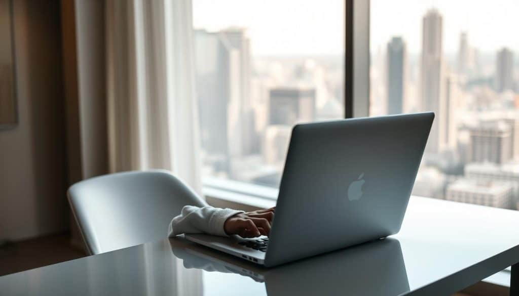 A CRES AI email writer, sitting at a sleek, minimalist desk, intently focused on a glowing laptop screen. The writer's face is obscured, their hands skillfully manipulating the keyboard, as if effortlessly composing a message. The room is bathed in a warm, inviting light, with a large window overlooking a bustling city skyline in the background. The mood is one of contemplation and technological prowess, as the AI-powered email writer seamlessly blends human expertise with machine intelligence to craft the perfect correspondence.