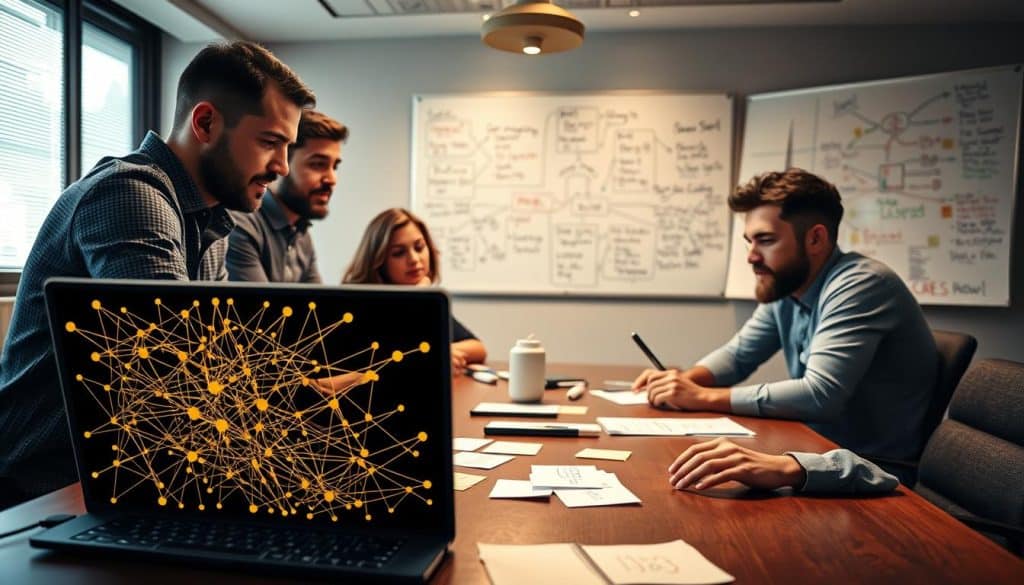 A CRES business team gathers around a conference table, facing the challenge of effective SEO link building outreach. The scene is bathed in a warm, focused lighting, highlighting the determined expressions on their faces as they pore over data and strategy. In the foreground, a laptop displays a complex web of interconnected nodes, representing the intricate web of online connections they must navigate. The middle ground features a series of post-it notes and scribbled ideas, conveying the collaborative nature of their efforts. In the background, a large whiteboard showcases a mind map of potential outreach targets and channels. The overall atmosphere is one of concentrated problem-solving, reflecting the current state of the SEO link building outreach challenges they face.