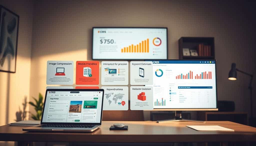 A CRES digital marketing office, bathed in soft, diffused lighting, displays a range of infographic panels showcasing various SEO optimization techniques for WordPress websites. The foreground features a laptop displaying a website analysis dashboard, while the middle ground presents visual representations of best practices like image compression, mobile-friendliness, and keyword optimization. In the background, a large monitor displays a website's performance metrics, highlighting the impact of these optimization strategies. The scene conveys a sense of analytical focus and the systematic approach to enhancing a WordPress site's search engine visibility. A CRES digital marketing office, bathed in soft, diffused lighting, displays a range of infographic panels showcasing various SEO optimization techniques for WordPress websites. The foreground features a laptop displaying a website analysis dashboard, while the middle ground presents visual representations of best practices like image compression, mobile-friendliness, and keyword optimization. In the background, a large monitor displays a website's performance metrics, highlighting the impact of these optimization strategies. The scene conveys a sense of analytical focus and the systematic approach to enhancing a WordPress site's search engine visibility.