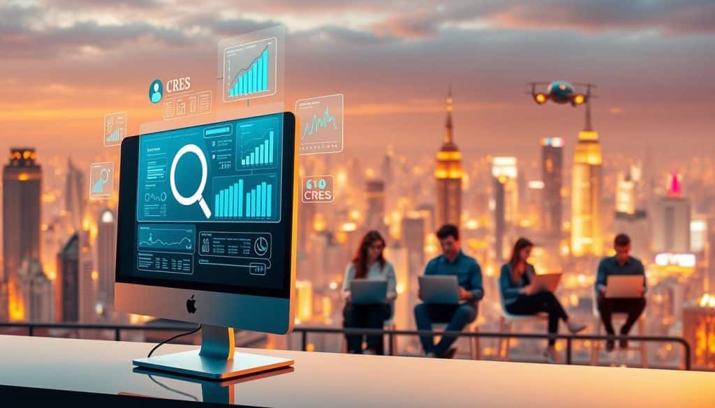 A CRES digital marketing strategy billboard against a futuristic cityscape. In the foreground, a sleek desktop computer with a magnifying glass icon, symbolizing data analysis. Behind it, floating holographic screens displaying web analytics, social media metrics, and digital advertising campaign stats. In the middle ground, a team of CRES marketers collaborating on laptops, their faces illuminated by the glow of the screens. In the background, a sprawling metropolis of skyscrapers and hover-cars, hinting at the scale and complexity of the digital landscape. Warm, ethereal lighting casts a ambient glow, conveying a sense of innovation and forward-thinking.
