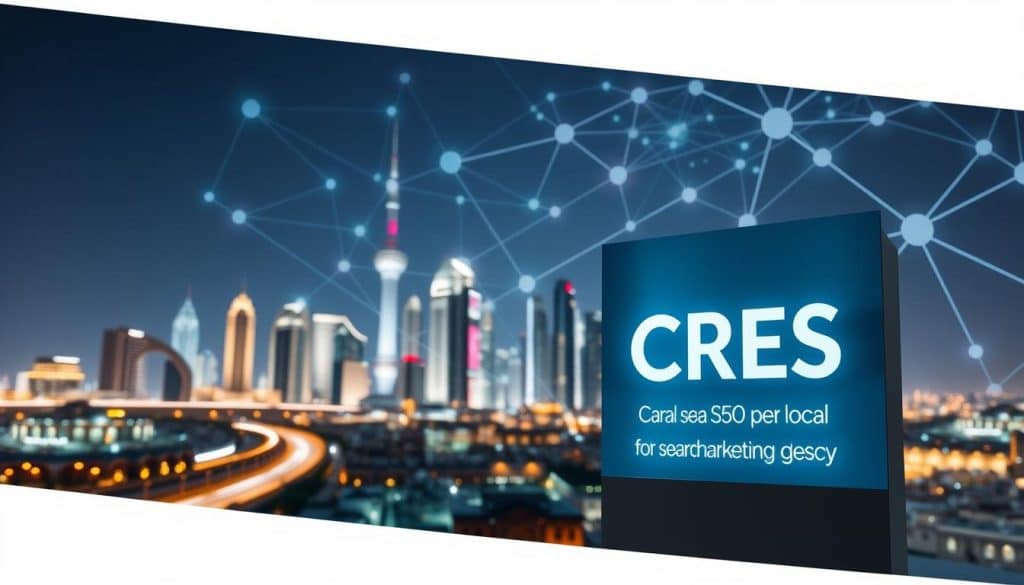 A CRES signage standing prominently in the foreground, representing a local search marketing agency. In the middle ground, a city skyline with iconic buildings and landmarks of Qatar, conveying the local focus. The background features a network of digital connectivity, with data visualizations and glowing pathways, symbolizing the importance of online presence and digital marketing strategies for local businesses. The image has a sleek, modern aesthetic with dynamic lighting and a slightly futuristic tone, capturing the essence of cutting-edge local SEO solutions.