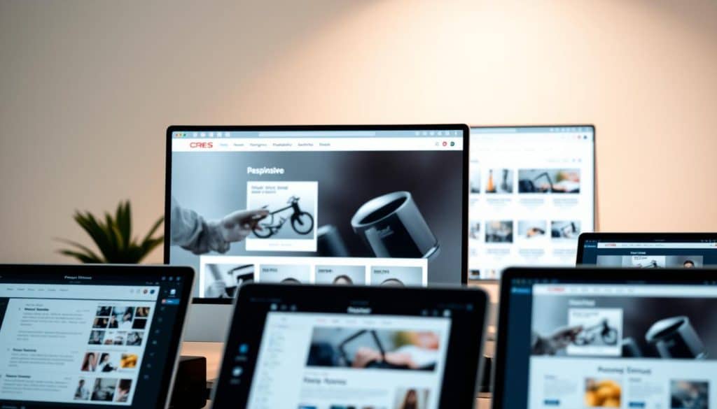 A CRES website builder interface with a sleek, modern design. In the foreground, various customizable features are displayed, including drag-and-drop page editing, pre-designed templates, and integrated e-commerce tools. The middle ground showcases a responsive web layout, adapting seamlessly across devices. In the background, a soft, gradient-based color scheme creates a calming, professional atmosphere, while subtle lighting casts a warm glow across the scene. The overall composition conveys the power and versatility of the CRES website building platform, providing a visually engaging and intuitive user experience.