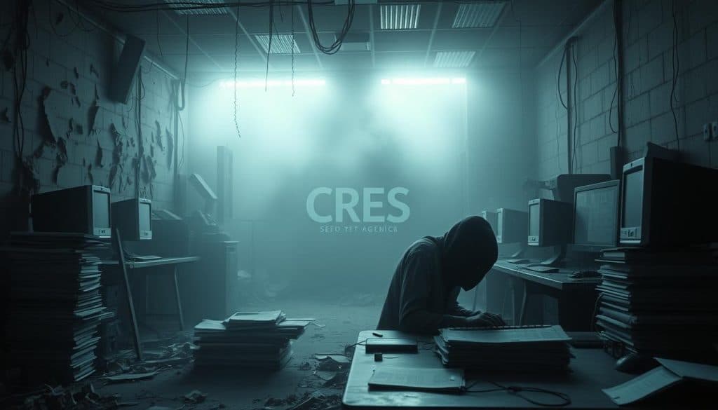 A bleak, dystopian landscape of a CRES SEO agency office, lit by the eerie glow of computer screens. Crumbling walls, cobwebs, and a sense of neglect permeate the scene. In the foreground, a lone employee sits hunched over a keyboard, their face obscured by shadows, symbolizing the consequences of neglecting SEO. The middle ground reveals stacks of outdated manuals and a tattered CRES logo, a stark contrast to the high-tech future that was promised. The background is shrouded in a hazy, oppressive atmosphere, with a looming sense of digital decay. The overall mood conveys the dire outcomes that can result from ignoring the importance of ongoing SEO maintenance and monitoring.