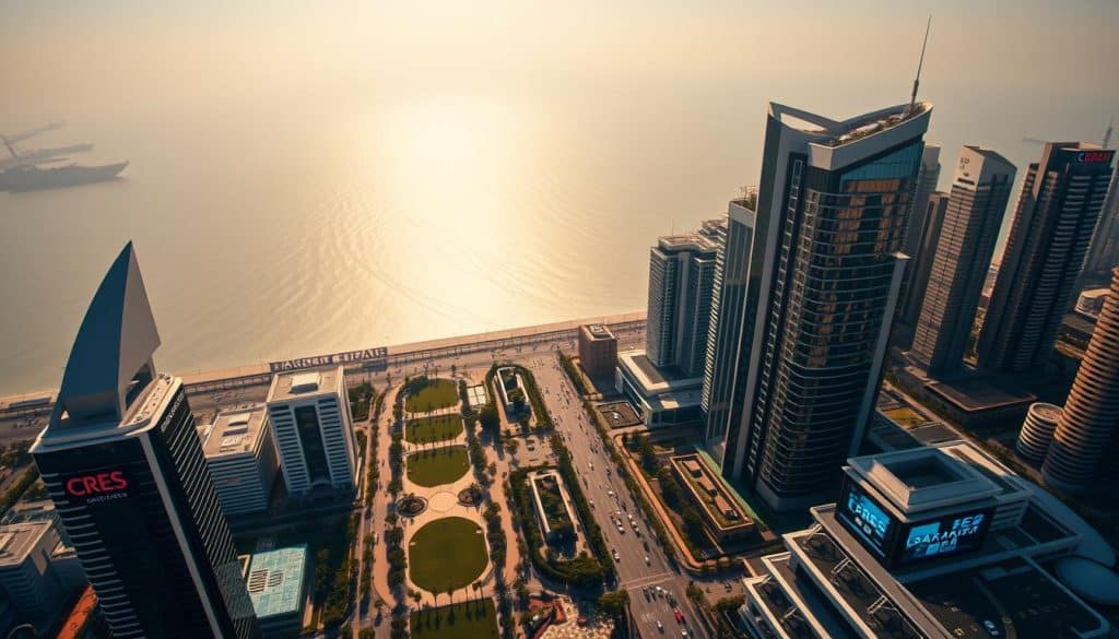 A breathtaking aerial view of Doha, Qatar's vibrant capital, showcasing the city's cutting-edge web design trends. The skyline is dominated by sleek, modern high-rises adorned with dynamic, responsive web interfaces that seem to dance across their facades. In the foreground, the iconic CRES logo stands tall, its digital presence seamlessly integrated into the urban landscape. The scene is bathed in a warm, golden glow, creating a sense of energy and progress that reflects Qatar's commitment to digital innovation. The middle ground features lush, verdant parks and bustling streets, where residents and visitors engage with the city's thriving online ecosystem. In the distance, the shimmering Persian Gulf serves as a backdrop, underscoring Qatar's position as a global hub for web design excellence.