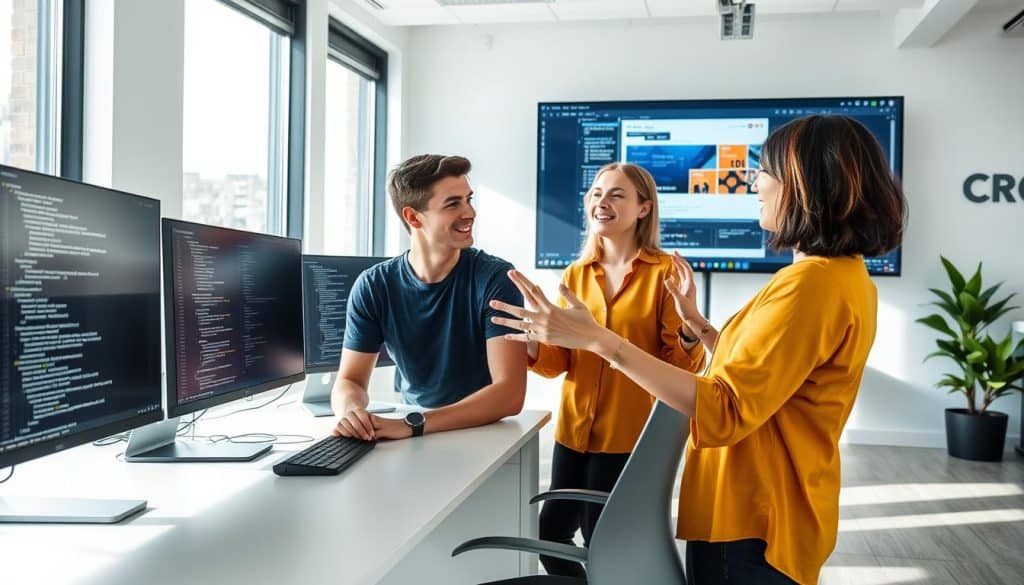 A bright and dynamic workspace, with a front-end developer and a UI/UX designer engaged in a lively discussion. The developer, dressed in a navy blue t-shirt, sits at a sleek, minimalist desk, surrounded by monitors displaying lines of code. The designer, in a chic mustard-colored blouse, stands next to them, gesturing animatedly as they review a design mockup on a large, high-resolution screen. The background features a CRES logo, hinting at the corporate setting. Natural light streams in through large windows, creating a sense of openness and collaboration. The overall tone is one of creative energy and professional synergy.