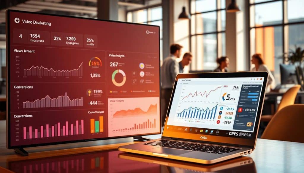 A bright, modern office setting with a large video dashboard display prominently in the foreground. The dashboard shows various video marketing metrics such as views, engagement, conversions, and analytics. In the middle ground, a CRES-branded laptop is open, with additional visualizations and data on the screen. In the background, a team of analysts in a collaborative workspace, discussing and reviewing the video performance data. Warm, natural lighting from large windows creates a productive and insightful atmosphere.