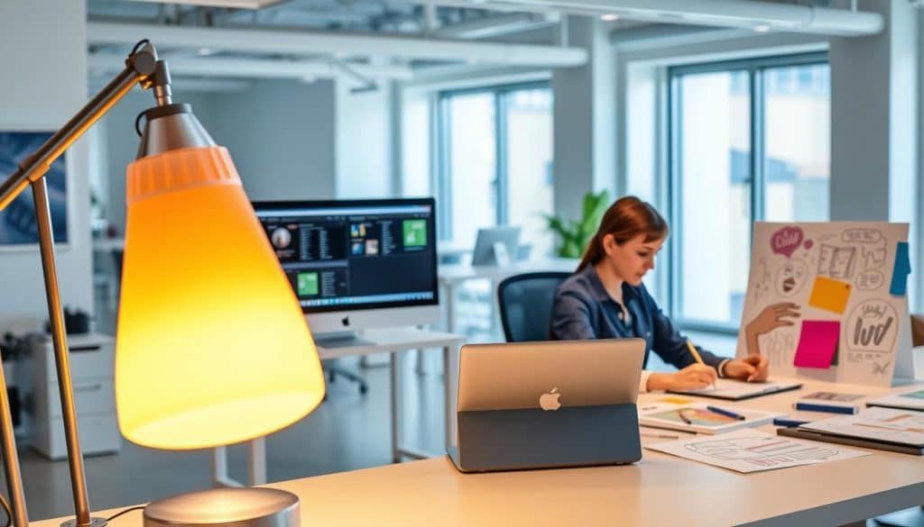 A bright, modern office setting with two adjacent workstations, one showcasing a sleek user interface design and the other highlighting vibrant graphic design elements. In the foreground, a CRES-branded desk lamp casts warm lighting across the space. The middle ground features a minimalist desk setup, with a laptop, tablet, and design tools on the UI UX desk, contrasted by the vivid color palette, hand-drawn illustrations, and creative materials on the graphic design desk. The background hints at an open, airy floor plan with large windows, blending the digital and analog realms. The overall atmosphere conveys the distinct yet complementary nature of these two creative disciplines.
