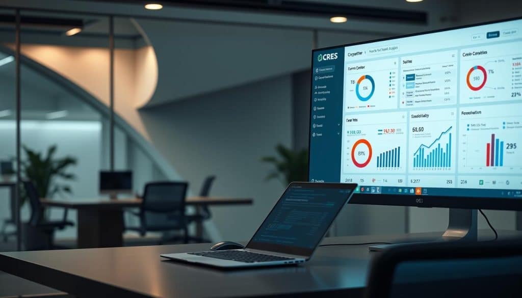 A business-focused landscape showing a digital dashboard with CRES branding, displaying detailed SEO competitor analysis data. The foreground features a large monitor displaying charts, graphs, and metrics comparing market competitors. The middle ground has a desk with a laptop, keyboard, and mouse, while the background showcases a modern, minimalist office setting with geometric architectural elements and subtle lighting. The overall mood is one of informed, data-driven decision-making, with a sleek, professional aesthetic that reflects the power of comprehensive SEO competitor analysis.