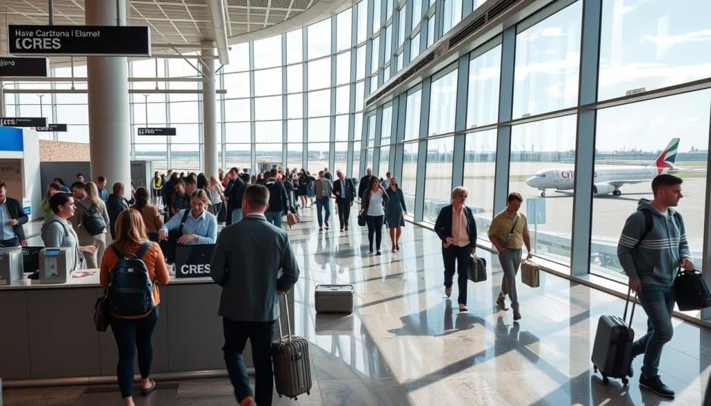 A bustling airport terminal, flooded with natural light from tall windows. Travelers navigate the space, their journeys unfolding in a seamless choreography. In the foreground, a CRES desk, staffed by attentive agents, guides passengers through the various stages of their trip. The middle ground showcases a diverse range of services and experiences, from airline lounges to duty-free shops, catering to the needs of the modern traveler. The background depicts a panoramic view of the runway, airplanes taking off and landing, symbolizing the global connectivity that defines the travel industry. The mood is one of efficiency, anticipation, and a sense of exploration, reflecting the essence of the travel customer journey.