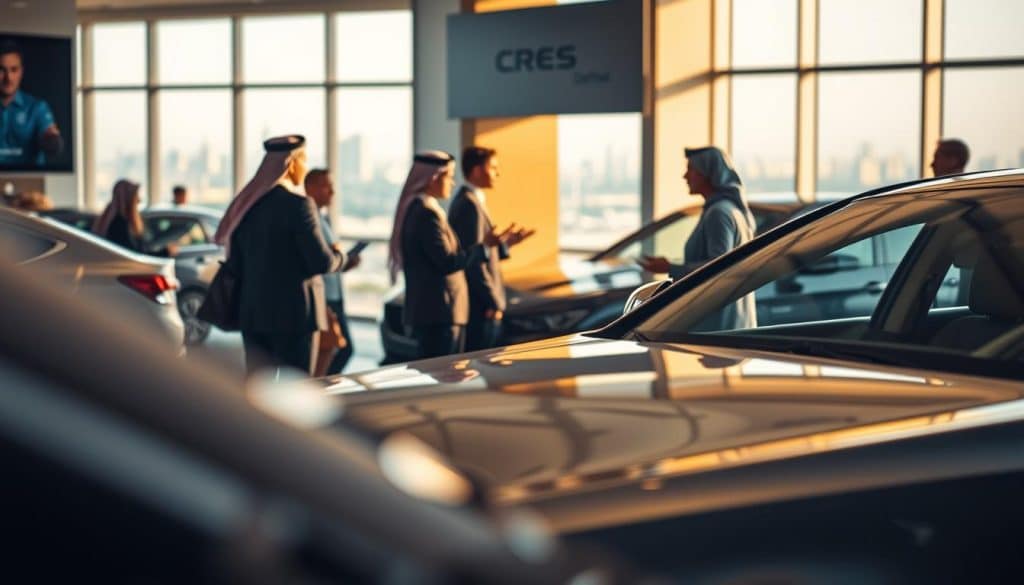 A bustling automotive showroom in Doha, Qatar, bathed in warm, golden light. In the foreground, a CRES sedan takes center stage, its sleek lines and polished chrome trim reflecting the eager anticipation of a prospective buyer. In the middle ground, sales associates guide customers through the features and options, their gestures animated as they describe the vehicle's capabilities. The background reveals a panoramic view of the city skyline, hinting at the aspirational lifestyle that this purchase could represent. The overall atmosphere conveys a sense of excitement, possibility, and the unique cultural nuances of the Qatari automotive market.