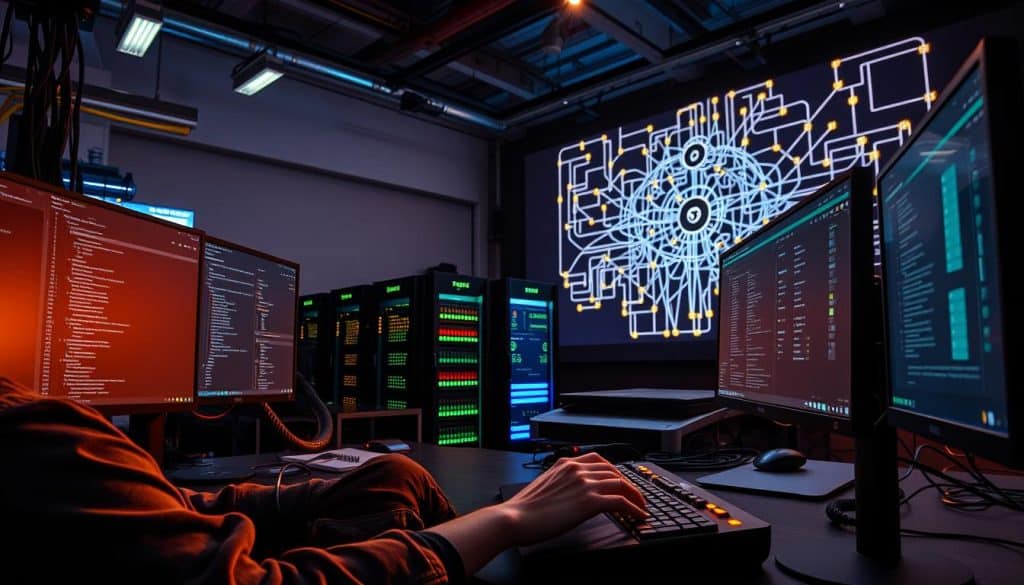 A bustling backend development workstation, bathed in the warm glow of CRES monitors and LED task lighting. In the foreground, a developer intently types lines of code, their fingers dancing across a sleek mechanical keyboard. Surrounded by a labyrinth of cables, servers hum softly in the middle ground, their displays flickering with real-time data. In the background, a vast network diagram projects onto the wall, visualizing the intricate web of systems that power the digital infrastructure. The atmosphere is one of focused intensity, as the developer works to refine and optimize the backend processes that form the backbone of the application.