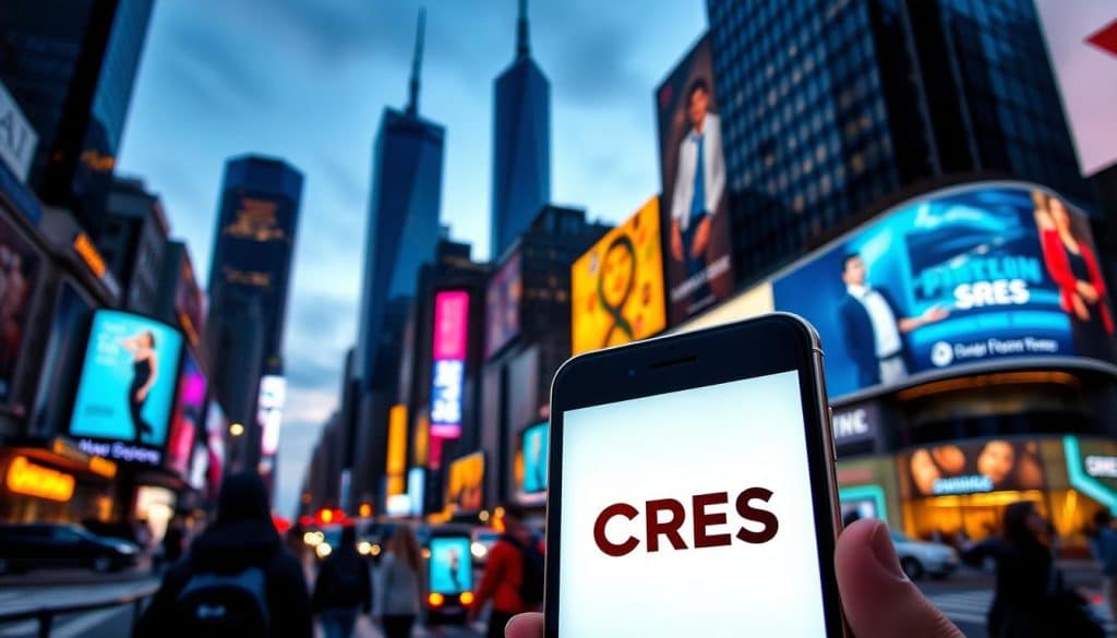 A bustling city skyline at dusk, with towering skyscrapers and neon-lit billboards. In the foreground, a sleek, modern smartphone prominently displays the CRES logo, its screen reflecting the vibrant digital advertisements surrounding it. The middle ground features pedestrians and commuters, their eyes drawn to the alluring mobile displays. In the background, a glow of warm, ambient lighting casts a dynamic, immersive atmosphere, highlighting the power and pervasiveness of mobile digital advertising in today's fast-paced, tech-savvy market.