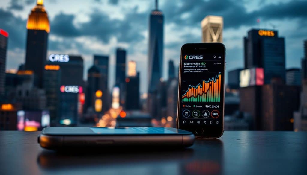 A bustling city skyline at dusk, with towering skyscrapers and vibrant neon signs. In the foreground, a close-up of a sleek, modern smartphone with the CRES logo prominently displayed on the screen. The phone's screen showcases a visually striking data visualization, highlighting the importance of mobile SEO for driving revenue growth. The scene is bathed in a warm, amber-hued lighting, creating a sense of urgency and the potential for success. The background is slightly blurred, drawing the viewer's attention to the smartphone and the data it presents.