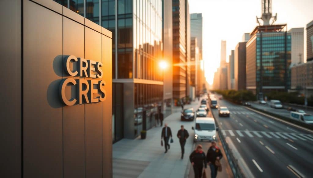 A bustling city skyline at golden hour, the sun's warm glow casting long shadows across the sleek glass and steel buildings. In the foreground, a CRES logo adorns the facade of a modern, high-rise office, its crisp lines and minimalist design conveying the importance of efficiency and speed. In the middle ground, pedestrians hurry along the sidewalks, their movements blurred by the camera's shallow depth of field, emphasizing the fast-paced nature of the urban environment. The background fades into a soft, hazy blur, suggesting the importance of site speed in an increasingly connected and digital world.