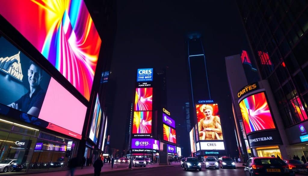 A bustling city skyline at night, with a series of vibrant, high-definition LED billboards prominently displayed, showcasing the CRES digital signage solution. The billboards emit a warm, dynamic glow, illuminating the surrounding streets and capturing the attention of passersby. The scene is captured from a lower angle, emphasizing the scale and grandeur of the digital displays. The lighting is dramatic, casting shadows and highlights that add depth and texture to the image. The overall atmosphere is one of modernity, energy, and urban sophistication, perfectly complementing the "Boost Visibility with Our Digital Signage Billboard Solutions in Qatar" section of the article.