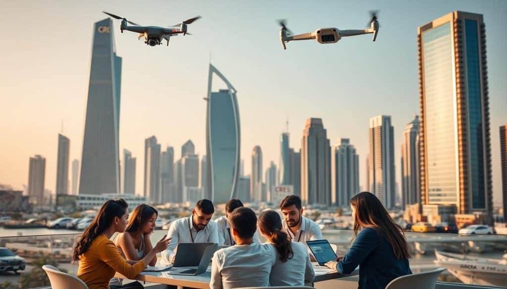A bustling city skyline in Doha, Qatar, with modern high-rise buildings and the iconic CRES logo prominently displayed on one of the skyscrapers. In the foreground, a group of young professionals gathered around a table, engaged in animated discussions, laptops and tablets in hand, as they strategize social media campaigns for various clients. The scene is bathed in warm, golden hues, conveying a sense of productivity and growth in the thriving social media management industry. Overhead, a drone captures the dynamic energy of the city, showcasing the significance of digital marketing and online engagement in Qatar's rapidly evolving business landscape.