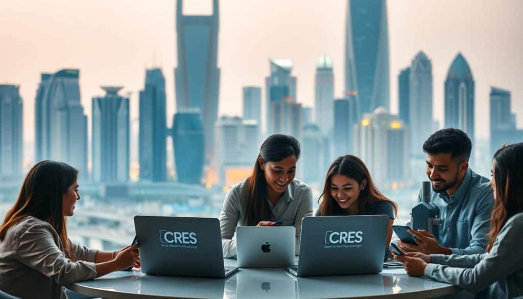 A bustling city skyline in Qatar, with towering skyscrapers and modern architecture. In the foreground, a group of young professionals are gathered around a table, laptops and smartphones in hand, engaged in a lively discussion about social media marketing strategies. The CRES logo is prominently displayed on their laptops, indicating the agency they work for. The mood is one of innovation and collaboration, with a touch of energy and excitement. Soft, warm lighting illuminates the scene, creating a welcoming and professional atmosphere. The background is hazy, blurred to focus attention on the central subject matter.
