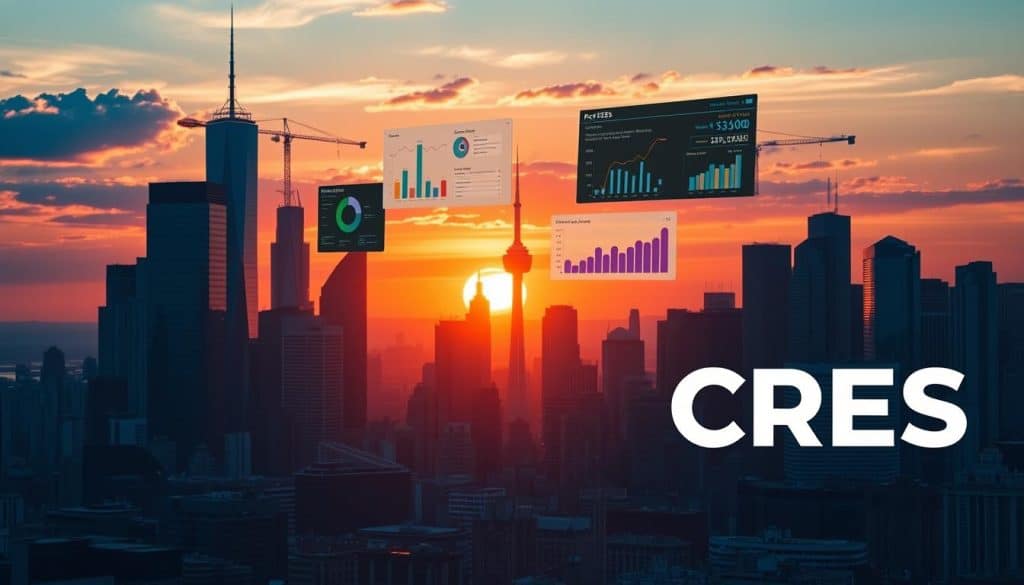 A bustling city skyline with towering skyscrapers and cranes, backlit by a vibrant sunset. In the foreground, a CRES logo stands prominently, casting a long shadow across the landscape. Data visualizations and analytics dashboards float in the air, highlighting the impact of professional SEO website analysis on the thriving businesses below. Warm lighting and a sense of dynamic progress permeate the scene, conveying the transformative power of optimized digital presence.