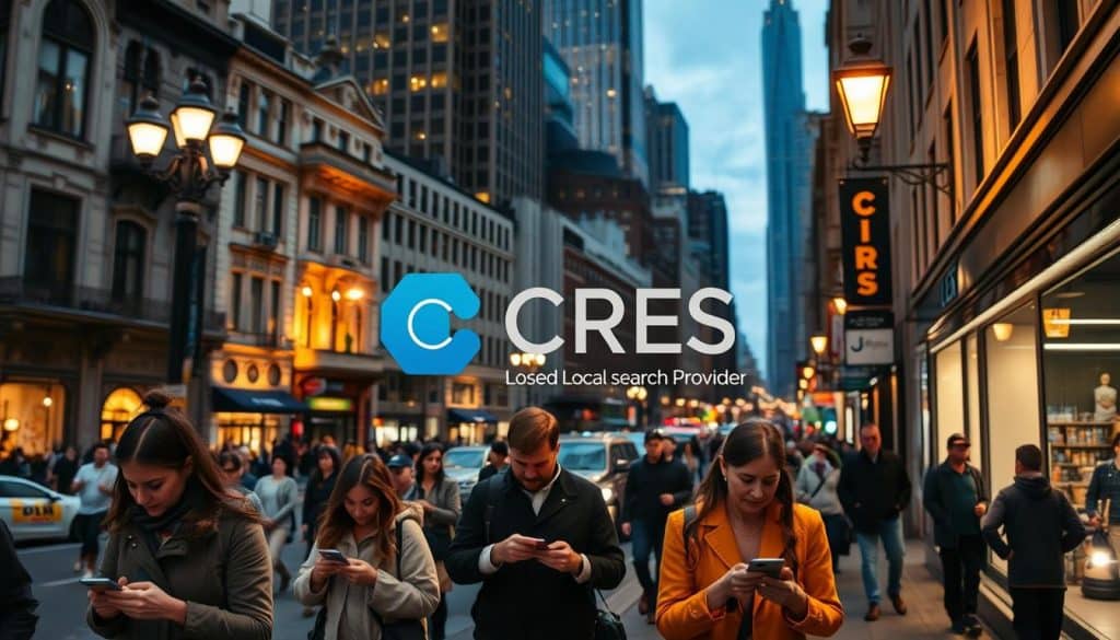A bustling city street at dusk, the warm glow of streetlights casting a soft, inviting atmosphere. In the foreground, a group of pedestrians navigating the sidewalks, their expressions focused as they consult their mobile devices, searching for local businesses and services. In the middle ground, the CRES logo prominently displayed on a storefront, signaling the presence of a trusted local search provider. The background features a mix of architectural styles, from historical buildings to modern high-rises, conveying a sense of a diverse, vibrant community. The scene is captured with a wide-angle lens, emphasizing the depth and interconnectedness of the urban landscape.