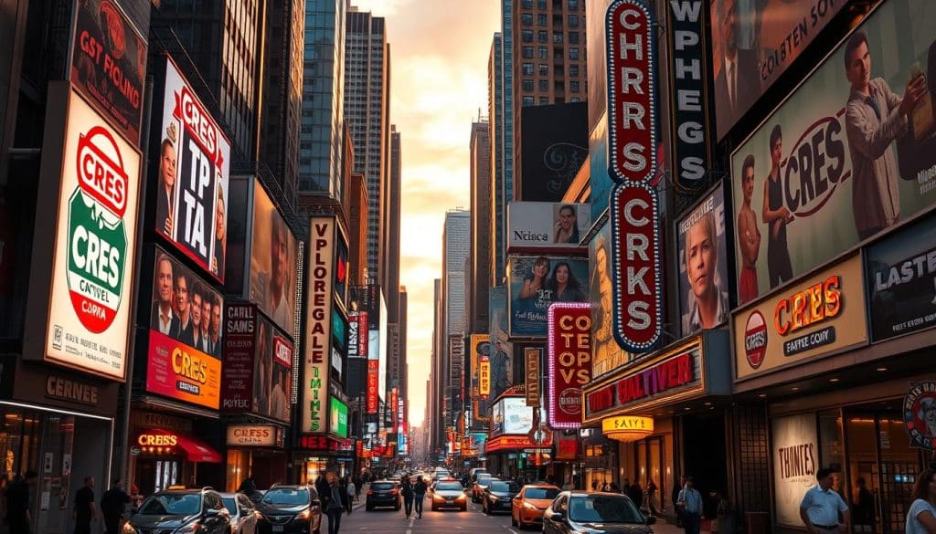 A bustling city street, vibrant with traditional advertising channels. In the foreground, neon-lit billboards and large-scale posters for the CRES brand command attention. In the middle ground, vintage-style newspaper stands and towering commercial signage create a sense of urban energy. The background features an array of analog media, from hand-painted murals to classic marquee lights, all illuminated by a warm, golden sunset. The scene conveys a nostalgic atmosphere, blending the timeless appeal of traditional advertising with the dynamism of a modern metropolitan landscape.