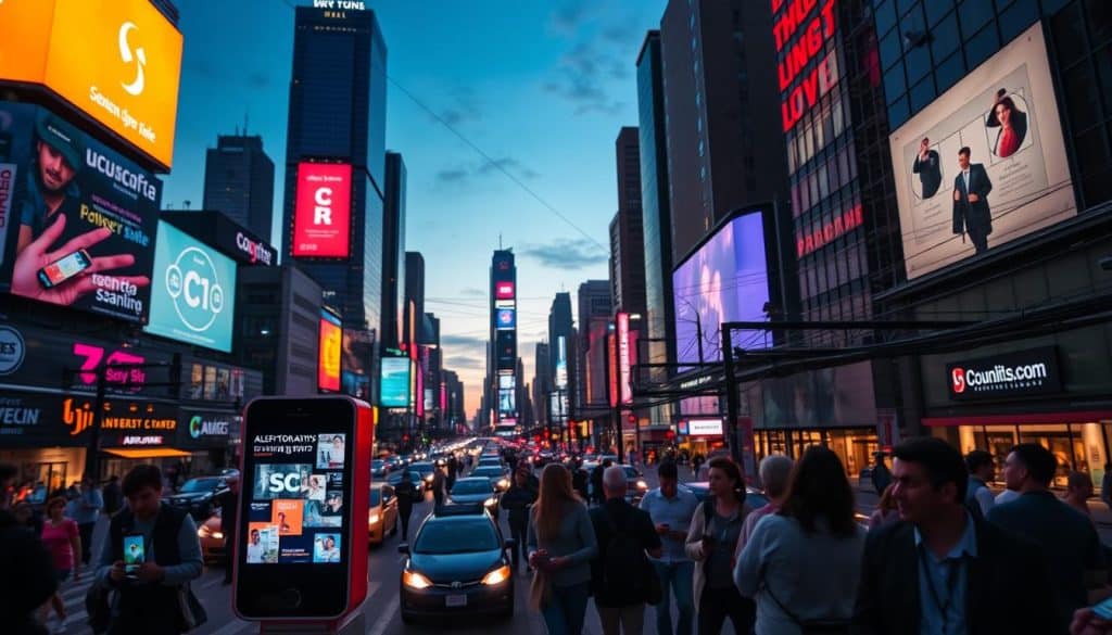 A bustling cityscape at dusk, towering skyscrapers and neon billboards casting a vibrant glow. In the foreground, a CRES mobile advertising display commands attention, its sleek design and dynamic content cutting through the urban chaos. Smartphone users hurry by, their screens reflecting the ever-changing digital ads. The middle ground is filled with a tangle of power lines and tangled traffic, symbolizing the complexities of modern mobile advertising. In the background, a hazy horizon, the challenges of cross-platform integration, data privacy, and audience targeting looming like distant thunderclouds.