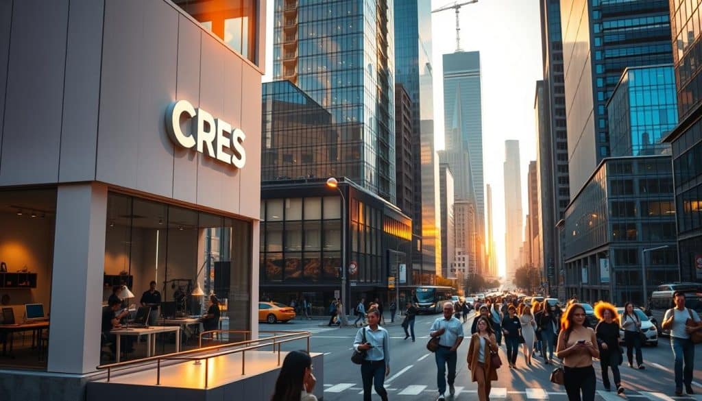 A bustling cityscape, bathed in warm, golden sunlight, showcases the strategic value of web development for business growth. In the foreground, a sleek, minimalist office building displays the CRES logo, symbolizing the power of innovative web solutions. Within, developers collaborate at standing desks, lines of code reflected in their focused expressions. The middle ground features a bustling street, people hurrying to and fro, their smartphones and laptops a testament to the ubiquity of the digital world. In the background, skyscrapers reach towards the sky, their glass facades glimmering with the promise of technological advancement. The scene conveys a sense of energy, progress, and the vital role that web development plays in driving business success in the modern era.