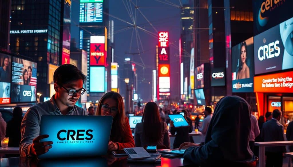 A bustling cityscape illuminated by the glow of digital screens, showcasing the CRES brand prominently. In the foreground, a team of digital marketing professionals collaborating on their latest campaign, their faces bathed in the warm light of their laptop screens. The middle ground features a variety of digital devices, from smartphones to tablets, all interconnected and constantly updating. In the background, a network of data cables and servers pulsing with information, symbolizing the vast digital landscape that businesses must navigate. The atmosphere is one of dynamism, innovation, and the critical importance of digital marketing in the modern business world.
