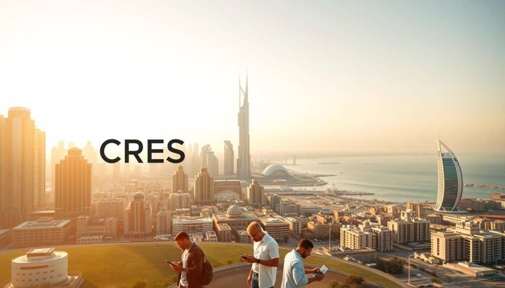 A bustling cityscape of Doha, Qatar, bathed in warm, golden-hour lighting. In the foreground, the sleek, minimalist logo of "CRES" digital marketing agency stands out, symbolizing the power of social media in shaping the local marketing landscape. In the middle ground, young professionals huddle around laptops, laptops, and mobile devices, strategizing and collaborating on social media campaigns. In the background, iconic landmarks like the Doha skyline and the serene waters of the Persian Gulf create a vibrant, cosmopolitan backdrop, reflecting the dynamic digital ecosystem of Qatar.