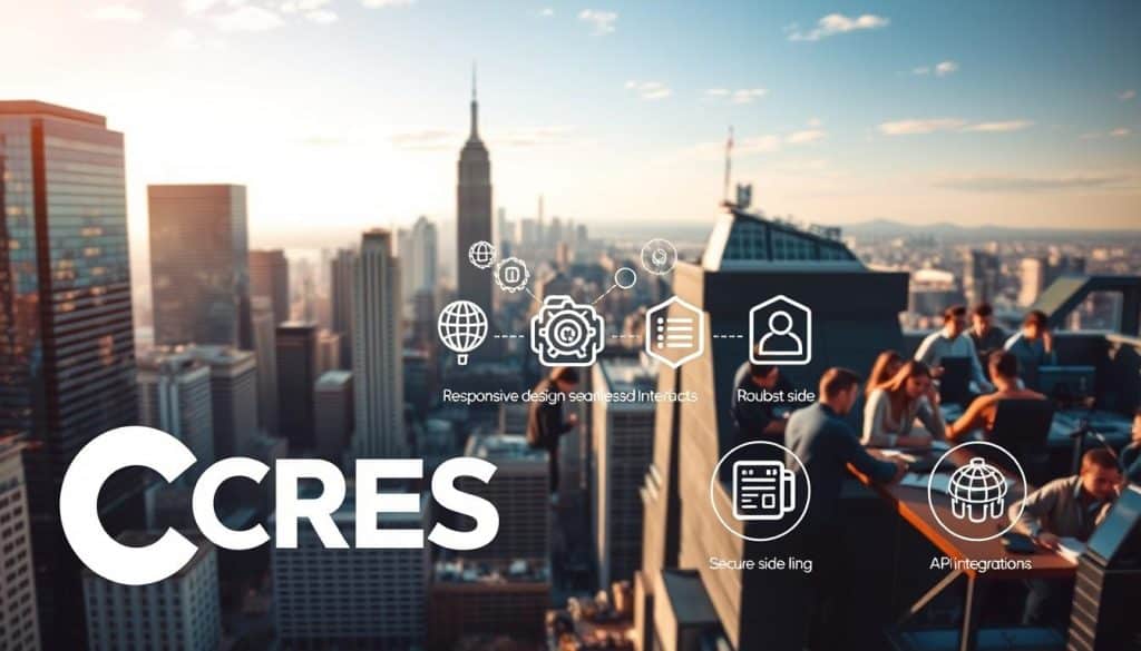 A bustling cityscape, with a striking CRES logo in the foreground, symbolizing the comprehensive front-end and back-end developer expertise. In the middle ground, vibrant icons representing essential skills like responsive design, seamless user interfaces, robust server-side logic, and secure API integration. The background features a diverse team of developers, collaborating in a state-of-the-art workspace, bathed in warm, natural lighting, capturing the dynamic, innovative spirit of the industry.