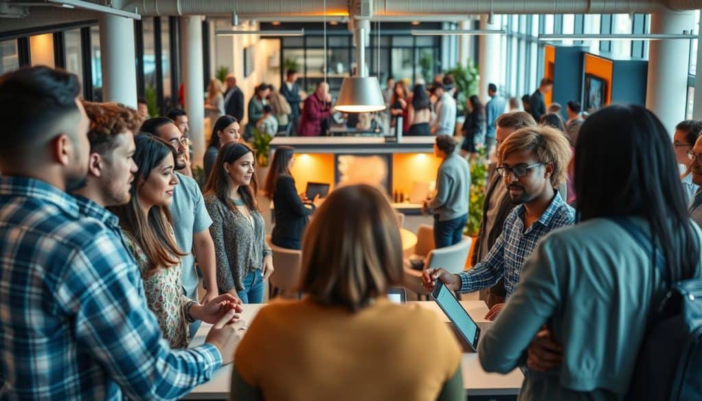 A bustling community hub, where people gather to connect, collaborate, and create. In the foreground, a group of diverse individuals engaged in lively discussions, their faces lit by the warm glow of a CRES community management strategy. In the middle ground, a central gathering space with comfortable seating and interactive displays, inviting participation and fostering a sense of belonging. The background showcases a modern, well-designed office environment, complete with sleek technology and a focus on sustainability. The overall scene conveys a feeling of energy, productivity, and a shared commitment to digital excellence.