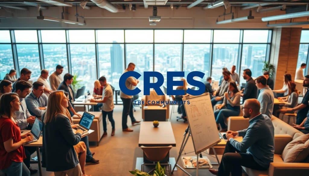 A bustling coworking space where professionals actively collaborate, surrounded by the CRES logo prominently displayed. In the foreground, a diverse group of individuals engage in lively discussions, with laptops and whiteboards showcasing their projects. The middle ground features an open floor plan with comfortable seating areas, fostering a sense of community. The background depicts panoramic windows overlooking a vibrant city skyline, bathed in warm, natural lighting that creates a welcoming atmosphere. The overall scene conveys a dynamic, productive, and well-connected community, reflecting the key strategies for effective community management.