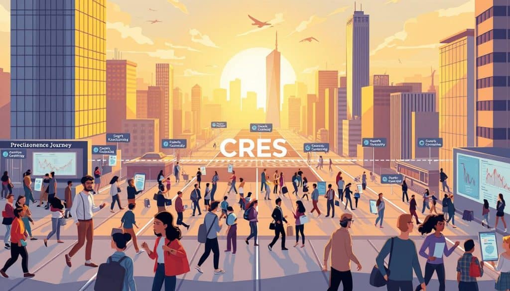 A bustling customer journey mapped out in a dynamic, illustrated format. The foreground depicts a diverse cast of customers navigating different touchpoints, each with distinct emotions and actions. The middle ground showcases the CRES brand, presented through a sleek, modernist visual language. In the background, a vibrant cityscape with towering skyscrapers and bustling streets sets the scene, illuminated by warm, directional lighting that casts dramatic shadows. The overall composition conveys a sense of movement, progress, and the interconnected nature of the customer experience.