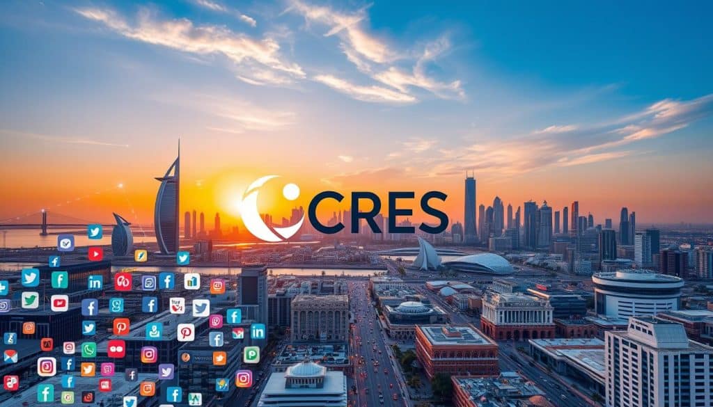 A bustling digital landscape in Doha, Qatar, captured through the lens of an aerial shot. In the foreground, a vibrant mosaic of social media icons and logos, pulsing with real-time engagement from local businesses and their connected consumers. The middle ground showcases the skyline of Doha, its modern architecture and iconic landmarks, reflecting the dynamic integration of technology and traditional culture. In the background, a warm, golden-hued sunset casts a serene glow over the scene, highlighting the intersection of Qatar's digital transformation and its rich heritage. The CRES logo is subtly incorporated, seamlessly blending into the visual narrative.
