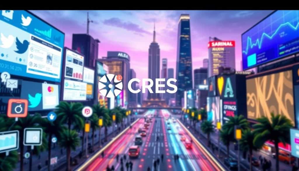 A bustling digital landscape with the CRES brand prominently displayed. In the foreground, stylized social media icons and interactive elements engaging the viewer. The middle ground showcases targeted ads, analytics dashboards, and campaign performance metrics. In the background, a city skyline with towering skyscrapers and a vibrant, neon-infused atmosphere. The overall scene conveys the dynamic, data-driven nature of effective social media advertising, harnessing the power of digital platforms to drive real business impact.
