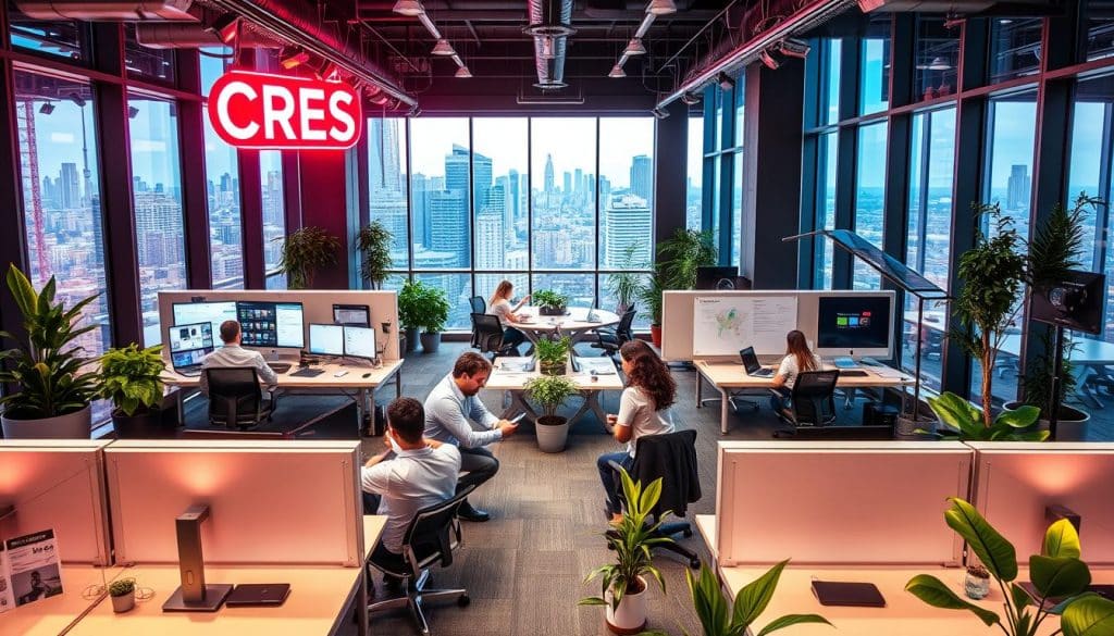 A bustling digital marketing agency, CRES, situated in a modern high-rise office. The foreground features a team of professionals collaborating on digital campaigns, surrounded by sleek desktops, strategizing boards, and vibrant neon signage. The middle ground showcases an open-concept workspace with ergonomic furniture, lush greenery, and large windows letting in natural light. In the background, the city skyline can be seen through the windows, reflecting the agency's connection to the digital world. The scene conveys a dynamic, innovative, and forward-thinking atmosphere, perfectly capturing the essence of a thriving digital marketing company.