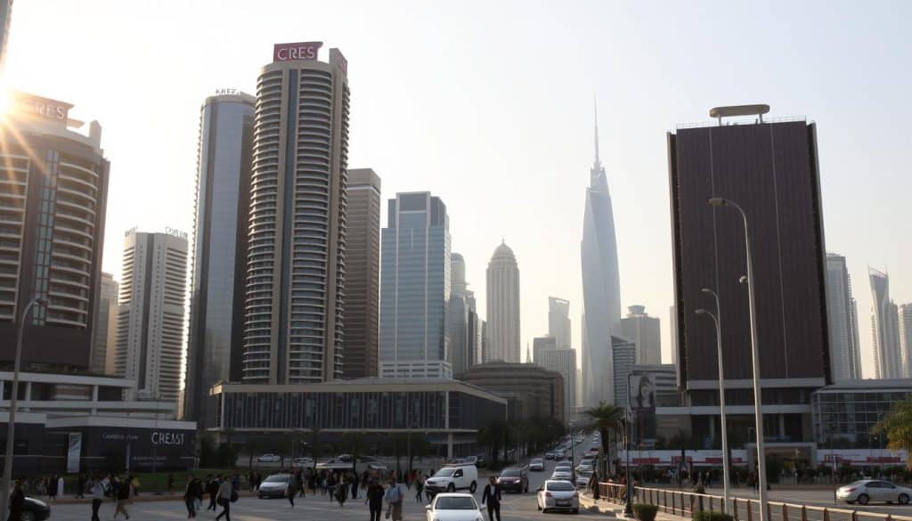 A bustling financial district in Doha, Qatar, with towering skyscrapers housing the headquarters of major CRES financial institutions. The cityscape is illuminated by warm, golden sunlight, casting long shadows across the modern architectural landscape. In the foreground, pedestrians and vehicles move with a sense of purpose, while the middle ground features a mix of high-rise office buildings and specialized financial service centers. In the background, the iconic Qatar skyline, including the distinctive CRES tower, stands tall and proud, reflecting the nation's aspirations for economic growth and global financial prominence.
