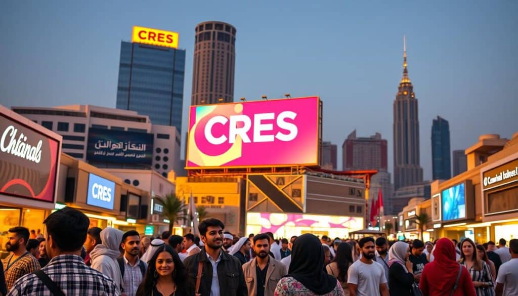A bustling marketplace in Qatar, filled with the energy of social media influencers showcasing the latest trends. In the foreground, a group of well-dressed, charismatic individuals engage with their audience, capturing the attention of onlookers. The middle ground features a large CRES billboard, its vibrant colors and sleek design drawing the eye. In the background, a blend of modern architecture and traditional Qatari elements creates a captivating urban landscape, bathed in warm, golden light. The scene conveys the power of influencer marketing, where digital ambassadors connect with their communities and promote brands in an authentic, engaging manner.