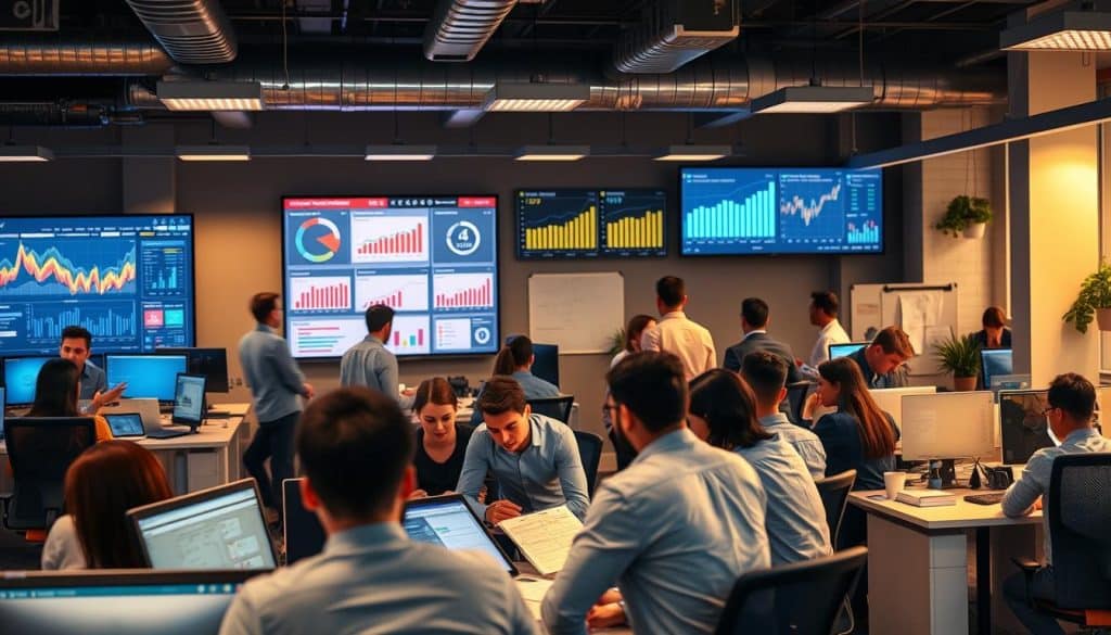 A bustling office environment with CRES employees facing various challenges in managing their PPC campaigns. In the foreground, a team gathers around a desk, analyzing data and strategizing. The middle ground features a wall-mounted digital display showcasing campaign metrics and performance indicators. In the background, a blend of modern workstations, whiteboards, and collaborative spaces create an atmosphere of focused productivity. The lighting is warm and natural, with a hint of urgency conveying the importance of their work. The overall mood is one of determination, as the CRES team navigates the complexities of optimizing their PPC campaigns to drive maximum ROI.
