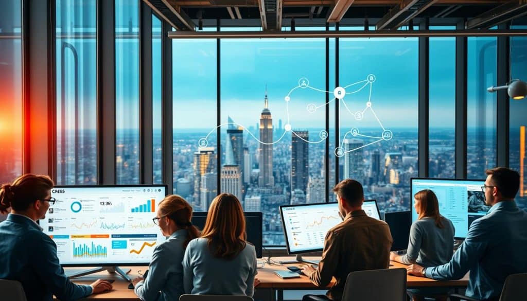 A bustling office scene, illuminated by warm, natural light filtering through sleek, floor-to-ceiling windows. In the foreground, a team of analysts intently monitors various social media dashboards, tracking key metrics and insights for the CRES brand. Strategically placed whiteboards and collaboration tools facilitate real-time decision-making. In the middle ground, a winding information visualization connects various data points, providing a holistic view of the social media landscape. The background showcases a panoramic city skyline, symbolizing the far-reaching impact of the social media monitoring strategy. An atmosphere of focus, innovation, and a relentless pursuit of digital excellence permeates the scene.