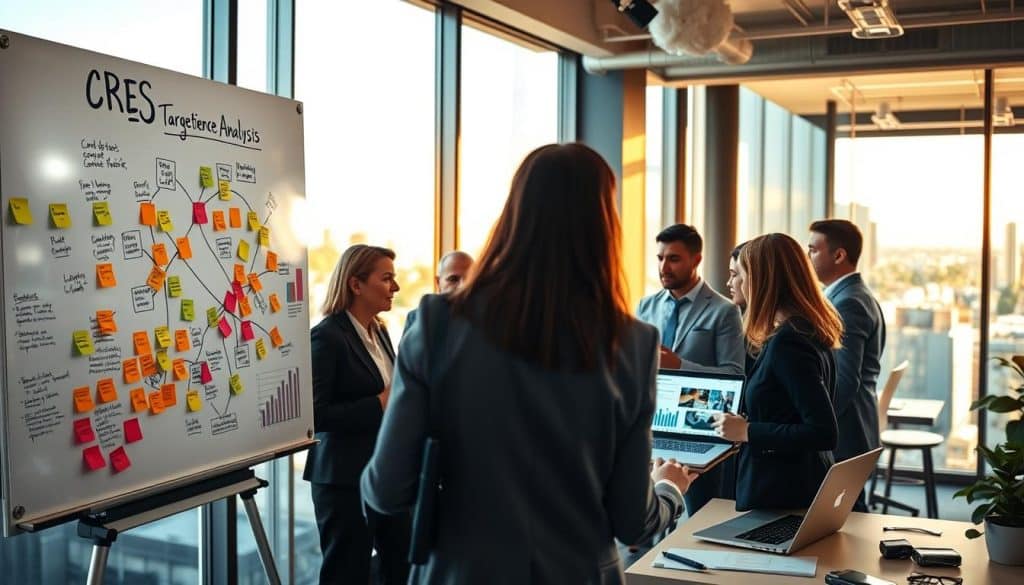 A bustling office scene, illuminated by warm, natural lighting. In the foreground, a large whiteboard displays a mind map titled "CRES Target Audience Analysis", with colorful sticky notes and markers scattered around. In the middle ground, a group of professionals in business attire are engaged in a lively discussion, their faces animated as they analyze demographic data and consumer insights displayed on their laptop screens. The background features a panoramic city skyline, hinting at the broader market context. The overall atmosphere conveys a sense of strategic focus and collaborative problem-solving. A bustling office scene, illuminated by warm, natural lighting. In the foreground, a large whiteboard displays a mind map titled "CRES Target Audience Analysis", with colorful sticky notes and markers scattered around. In the middle ground, a group of professionals in business attire are engaged in a lively discussion, their faces animated as they analyze demographic data and consumer insights displayed on their laptop screens. The background features a panoramic city skyline, hinting at the broader market context. The overall atmosphere conveys a sense of strategic focus and collaborative problem-solving.