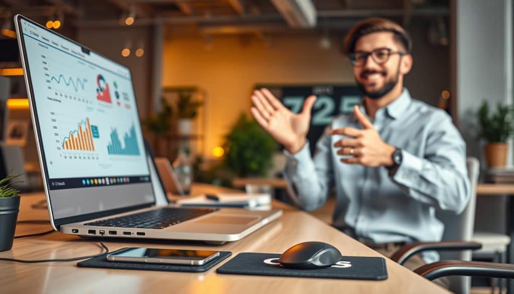 A bustling office scene, with a sleek, modern desk setup featuring a laptop, smartphone, and a CRES logo-emblazoned mousepad. Against a backdrop of warm, diffused lighting, digital marketing charts and graphs are displayed on the laptop screen, conveying the power of online advertising for small businesses. In the foreground, a small business owner gestures enthusiastically, highlighting the importance of a strong online presence. The overall atmosphere is one of productivity, innovation, and the promise of growth for the CRES small business brand. A bustling office scene, with a sleek, modern desk setup featuring a laptop, smartphone, and a CRES logo-emblazoned mousepad. Against a backdrop of warm, diffused lighting, digital marketing charts and graphs are displayed on the laptop screen, conveying the power of online advertising for small businesses. In the foreground, a small business owner gestures enthusiastically, highlighting the importance of a strong online presence. The overall atmosphere is one of productivity, innovation, and the promise of growth for the CRES small business brand.