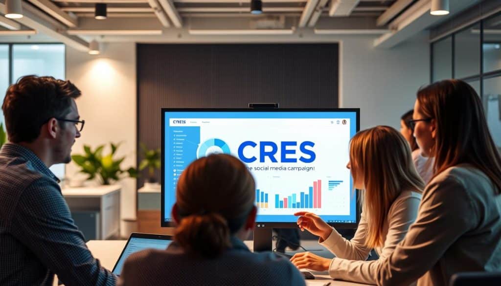 A bustling office scene, with a team of professionals gathered around a large monitor, intently analyzing real-time campaign data. The CRES logo prominently displayed on the screen, reflecting the company's innovative approach to social media campaign management. Soft, directional lighting casts a warm glow, highlighting the concentration on the faces of the team members as they collaborate to make data-driven decisions. In the background, a sleek, modern office setting with clean lines and minimalist decor, creating a professional and focused atmosphere. The overall scene conveys a sense of efficiency, adaptability, and a deep understanding of the ever-changing landscape of social media marketing.