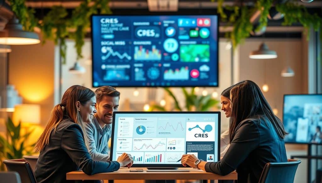 A bustling office scene, with focused employees gathered around a large CRES-branded display, analyzing social media analytics and strategizing their next campaign. Warm lighting casts a professional glow, while the background blurs into a vibrant mix of modern furnishings and lush greenery, reflecting the dynamic nature of social media management. The team's expressions convey a sense of collaboration and determination, working together to unlock the full potential of digital platforms for Qatari businesses.