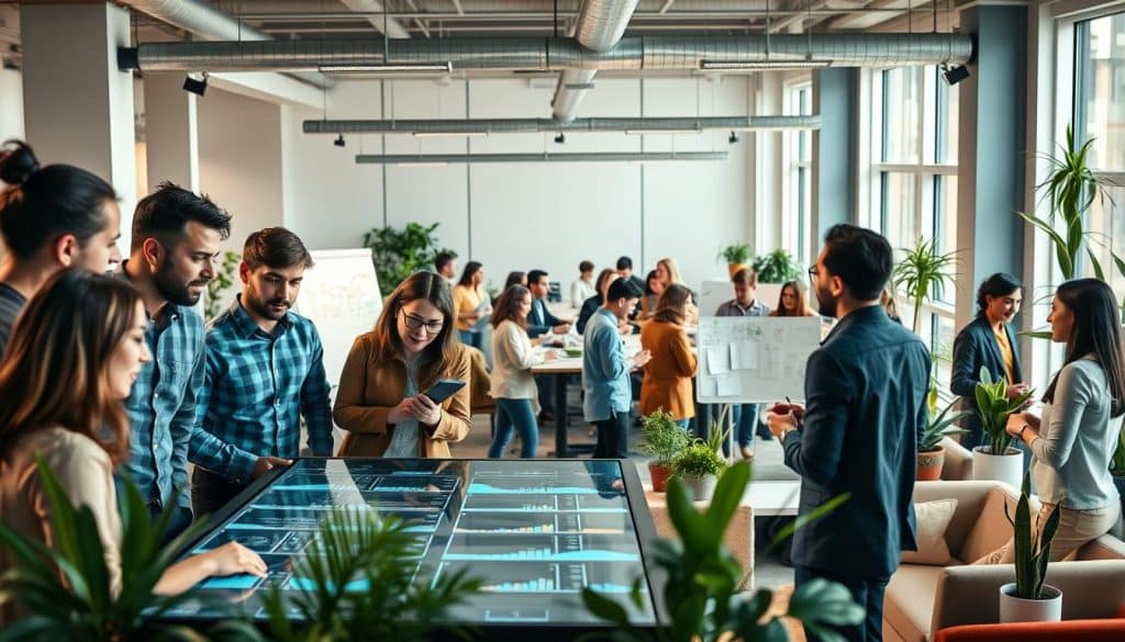 A bustling office space filled with a diverse team of community managers, each focused on fostering meaningful connections within the CRES digital community. The foreground features a group collaborating around a large touchscreen display, their expressions engaged and determined. The middle ground showcases a variety of team members, some brainstorming ideas on whiteboards, others facilitating virtual meetings. The background reveals a modern, well-lit workspace with sleek furniture and potted plants, creating a warm and productive atmosphere. Warm, natural lighting filters through large windows, casting a soft glow over the scene. This prompt aims to capture the essence of the CRES community management services, highlighting the teamwork, creativity, and dedication required to deliver exceptional digital experiences.