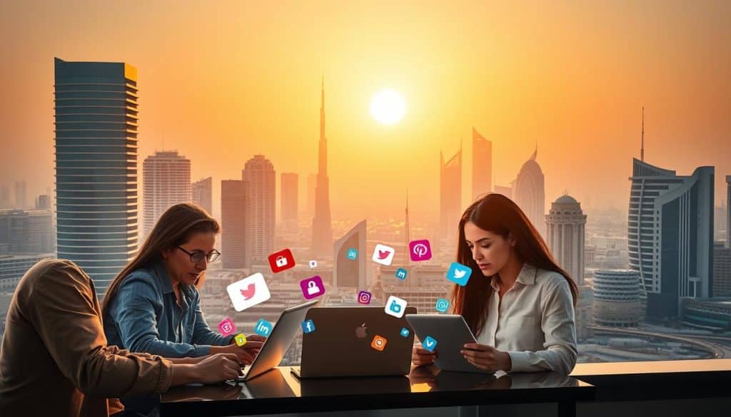 A bustling skyline of Doha, Qatar, where modern high-rises and traditional architecture harmonize under the golden glow of the desert sun. In the foreground, a team of professionals from the social media marketing agency CRES collaborate, their laptops and tablets illuminated by soft, diffused lighting. They strategize, analyze data, and craft compelling content, their faces reflecting the dynamic energy of the digital landscape. In the middle ground, vibrant social media icons and hashtags float, symbolizing the interconnected nature of this thriving industry. The background showcases the iconic landmarks of Qatar, highlighting the country's unique cultural heritage and global influence. The overall atmosphere conveys the power and potential of social media marketing in this rapidly evolving market.