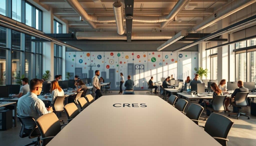 A bustling social media agency office, bathed in natural light streaming through large windows. In the foreground, a team of digital strategists and content creators collaborate around a sleek, minimalist conference table, the CRES logo prominently displayed. The middle ground features rows of workstations where social media managers expertly craft engaging posts and analyze analytics. In the background, a vibrant mural depicting a dynamic social media landscape sets the scene. Warm lighting and a modern, yet inviting aesthetic convey the agency's professionalism and creativity. The overall atmosphere exudes a sense of productivity, innovation, and a passion for social media success.