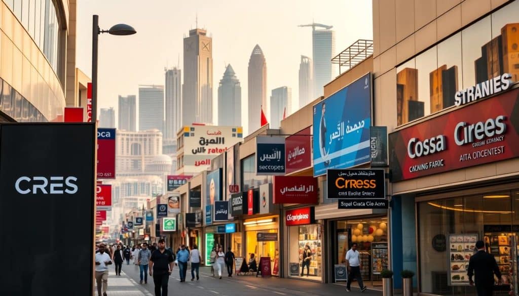A bustling street in Doha, Qatar, showcasing the diverse array of local businesses and the power of local search. In the foreground, a sleek and modern CRES signage stands out, reflecting the innovative nature of this local SEO agency. The middle ground features an array of vibrant storefronts, their storefront displays and signage competing for attention. In the background, the iconic skyline of Doha rises, with towering skyscrapers and the iconic Corniche. The lighting is warm and inviting, casting a golden glow over the scene. The overall atmosphere is one of thriving local commerce, with a sense of energy and dynamism that captures the essence of Qatar's dynamic business landscape.