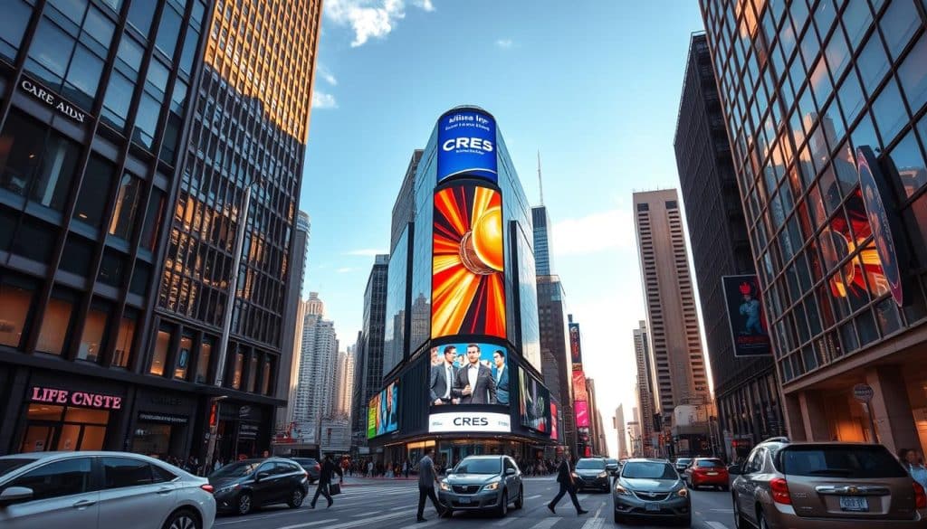 A bustling urban scene with a towering CRES digital signage display dominating the foreground. The sign showcases a vibrant, eye-catching advertisement amidst a backdrop of sleek high-rise buildings and a clear, azure sky. Pedestrians and vehicles flow through the frame, creating a dynamic, energetic atmosphere. Warm, directional lighting casts dramatic shadows, accentuating the three-dimensional nature of the environment. The strategically placed CRES display commands attention, seamlessly integrated into the cityscape to maximize its impact and visibility.