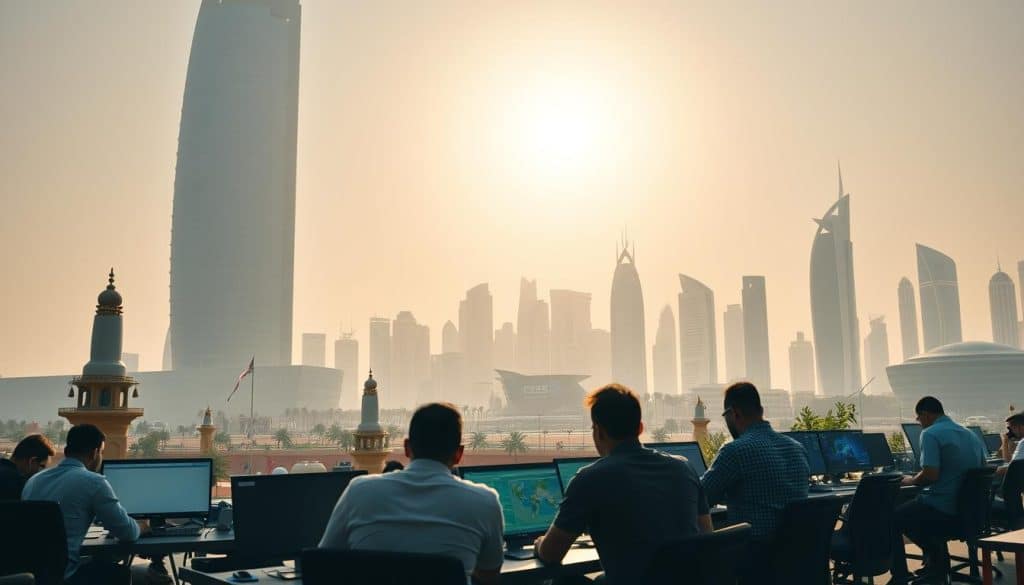 A bustling web development landscape in Qatar, against the backdrop of the iconic CRES skyscraper and vibrant modern architecture. In the foreground, a team of web developers collaborating on a cutting-edge project, their laptops and screens illuminated by soft, directional lighting. The middle ground features a mix of traditional and contemporary elements, blending the old and new, reflecting Qatar's digital transformation. The background showcases the country's dynamic skyline, with the sun casting a warm glow over the scene, creating a sense of energy and progress. The mood is one of innovation, collaboration, and a forward-looking vision for Qatar's tech-driven future.