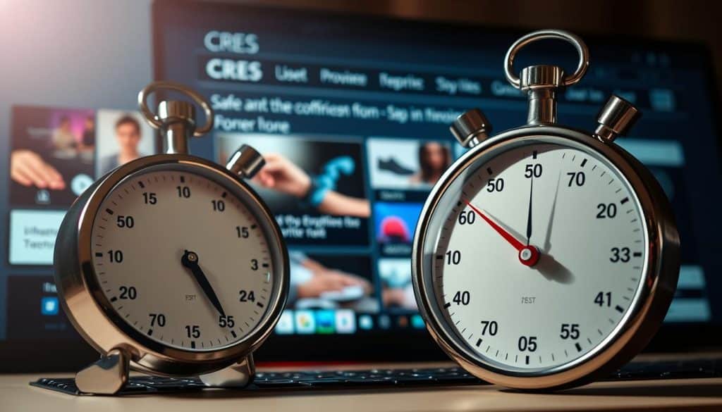 A busy CRES website interface with a stopwatch prominently displayed, symbolizing the impact of speed on user experience. In the foreground, a frustrated user tapping their foot impatiently, their expression conveying frustration. In the middle ground, various website elements like images, text, and graphics load gradually, some faster than others. The background is hazy, with a sense of urgency and a slight blur to emphasis the focus on the user's experience. The lighting is slightly harsh, creating shadows and highlights that add to the sense of tension. The overall atmosphere is one of frustration and dissatisfaction, highlighting the importance of website speed for a positive user experience.